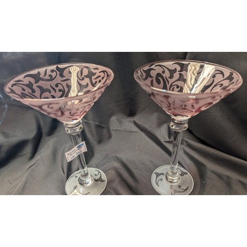 282 - Micheal Weems Etched Martini Glasses x 2 , Signed and Dated 2003