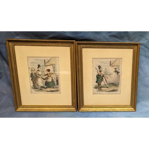 693 - A pair of 'humorous' coloured hunting engravings - 24 x 29cm