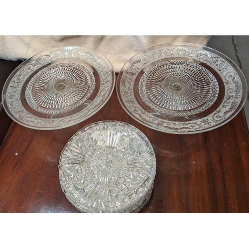 686 - 2x Crystal/glass cake stands and 10 x 1930@s Optic Depression Clear glass cake plates.   From the co... 