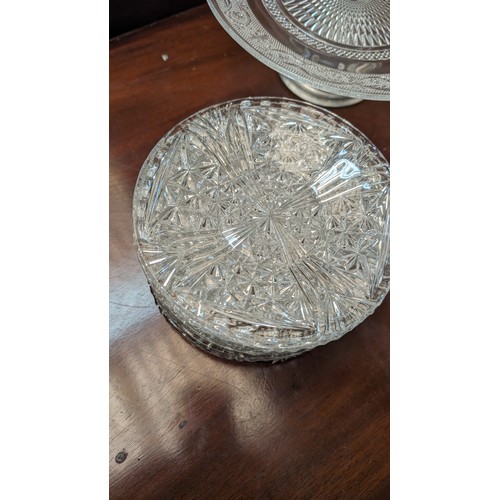 686 - 2x Crystal/glass cake stands and 10 x 1930@s Optic Depression Clear glass cake plates.   From the co... 