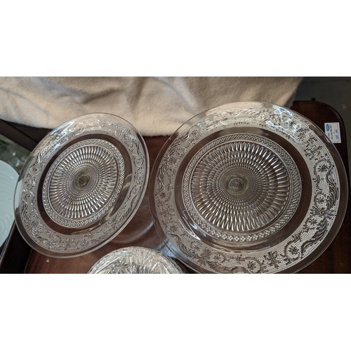 686 - 2x Crystal/glass cake stands and 10 x 1930@s Optic Depression Clear glass cake plates.   From the co... 