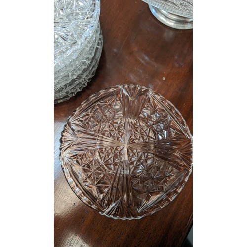 686 - 2x Crystal/glass cake stands and 10 x 1930@s Optic Depression Clear glass cake plates.   From the co... 