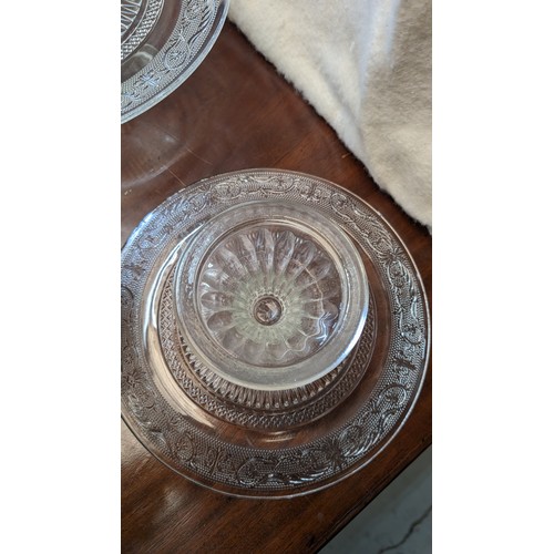 686 - 2x Crystal/glass cake stands and 10 x 1930@s Optic Depression Clear glass cake plates.   From the co... 