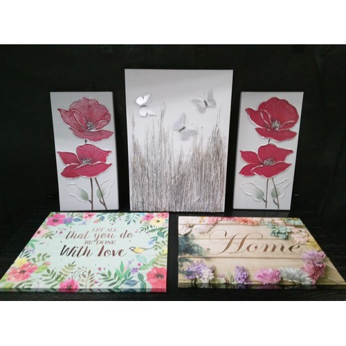 619 - An Assortment of Five Floral Canvas Pictures.