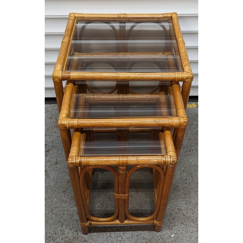 341 - Bamboo nest of 3 tables with smoked glass tops