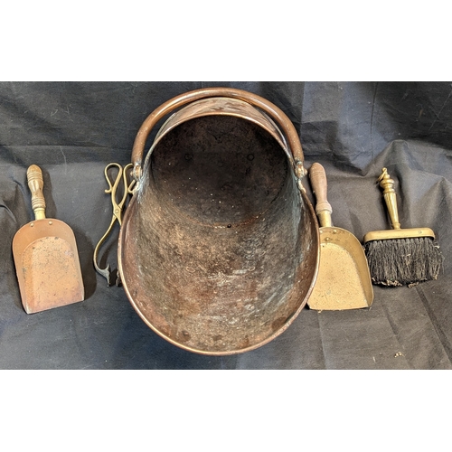 275 - Brass Coal Scuttle with brush, tongs and shovel