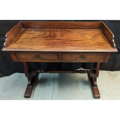 294 - Antique 2 Drawer Hall table with turned stretcher - 77 x 95 x 50