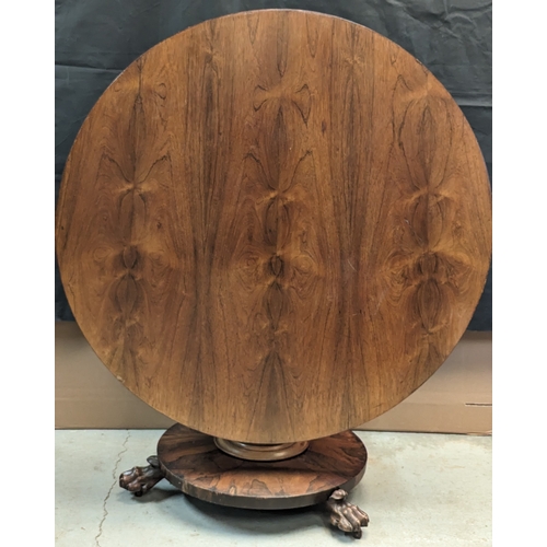 6 - Antique William IV Circular tilt top breakfast table with claw feet on castors - 70 x 120 x 120cm