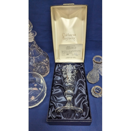 156 - A boxed Caithness Goblet and silver collard and other crystal and glassware including a slice cut ma... 