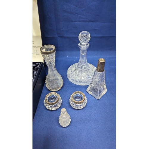 156 - A boxed Caithness Goblet and silver collard and other crystal and glassware including a slice cut ma... 