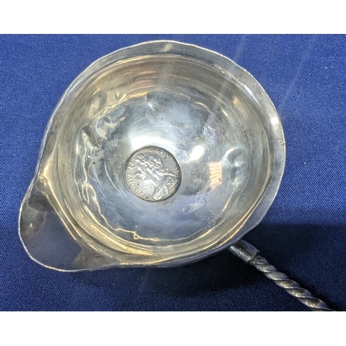 202 - A Baleek handled Silver toddy ladle with a 1739 Silver George II 4 pence piece