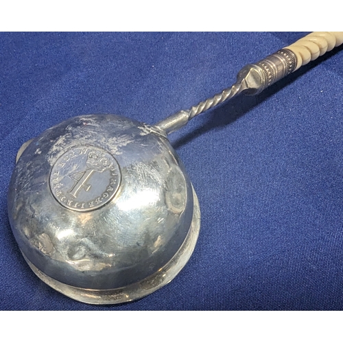 202 - A Baleek handled Silver toddy ladle with a 1739 Silver George II 4 pence piece