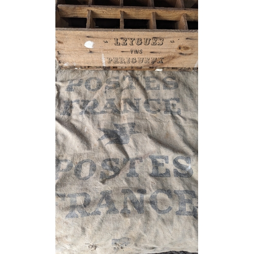 323 - Wooden wine crate - 'Leygues Vin Perigueux' & French mail sack