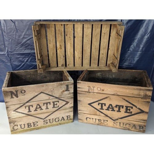 797 - 2x Tate Cube Sugar wooden storage boxes and an apple crate -
Small box measuring 44 x 55 x 38cm 
Lar... 