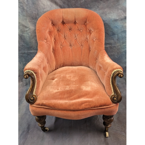 133 - A Victorian Walnut plush velvet button back armchair