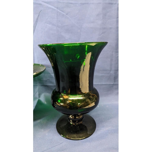 194 - Vintage Heavy glass vase in Dark Green - 27cm tall 19cm diameter (rim) and a matching compote bowl -... 