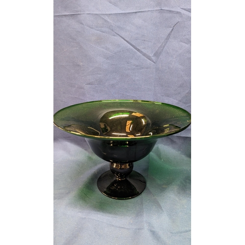 194 - Vintage Heavy glass vase in Dark Green - 27cm tall 19cm diameter (rim) and a matching compote bowl -... 