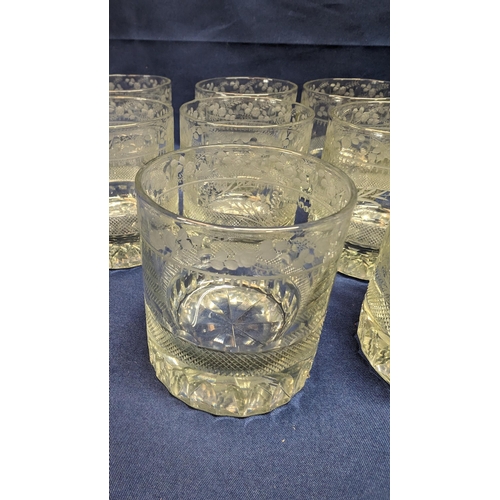 368 - A set of 10 antique etched heavy whiskey tumblers - 7x7cm.   From the country estate.