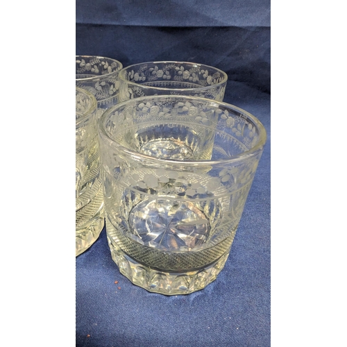 368 - A set of 10 antique etched heavy whiskey tumblers - 7x7cm.   From the country estate.