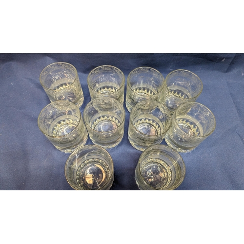 368 - A set of 10 antique etched heavy whiskey tumblers - 7x7cm.   From the country estate.