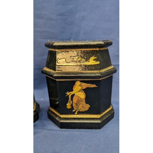 369 - Antique heavy Black and gilt bookends featuring swans and stags plus lady swinging incense crucible.... 