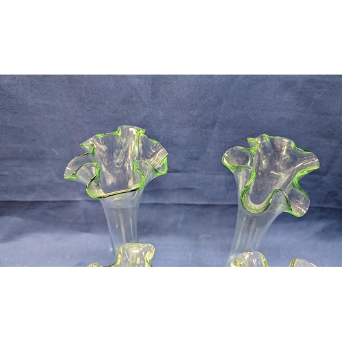 722 - Vintage Ruffled glass vases with iridescent edges - small chip to base of one. - 2x 22cm high, 2x 17... 