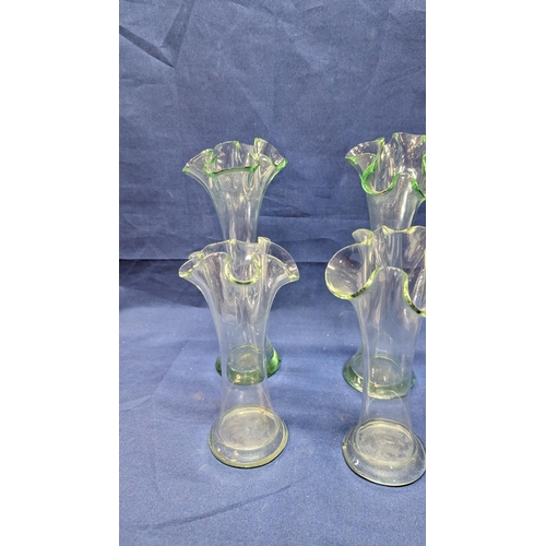 722 - Vintage Ruffled glass vases with iridescent edges - small chip to base of one. - 2x 22cm high, 2x 17... 