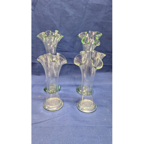 722 - Vintage Ruffled glass vases with iridescent edges - small chip to base of one. - 2x 22cm high, 2x 17... 