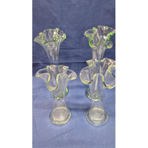 722 - Vintage Ruffled glass vases with iridescent edges - small chip to base of one. - 2x 22cm high, 2x 17... 