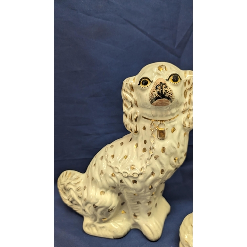 724 - 3x Antique Porcelain Staffordshire style Spaniel dogs - 2 x 32cm high approx - 1x 12cm high approx -... 