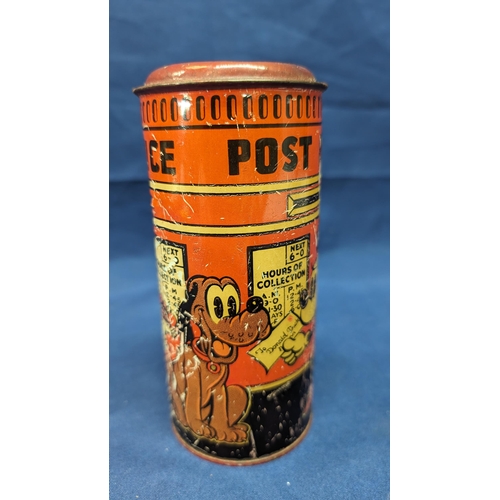 725 - 1930's Mickey Mouse Tin money box - In used condition - 15cm tall, 6.5cm diameter