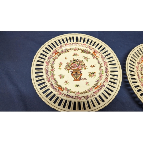 735 - A pair of antique pierced porcelain floral insect and bird decorated plates.   From the country esta... 