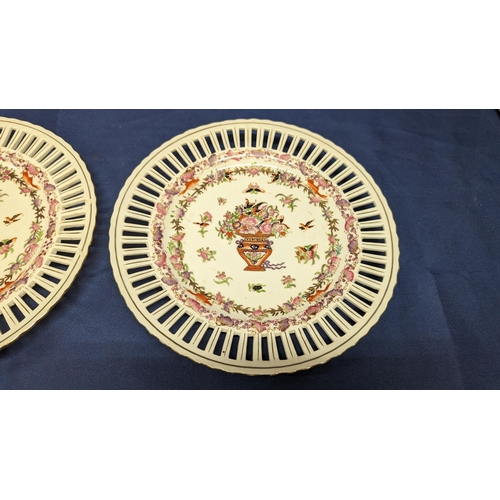 735 - A pair of antique pierced porcelain floral insect and bird decorated plates.   From the country esta... 