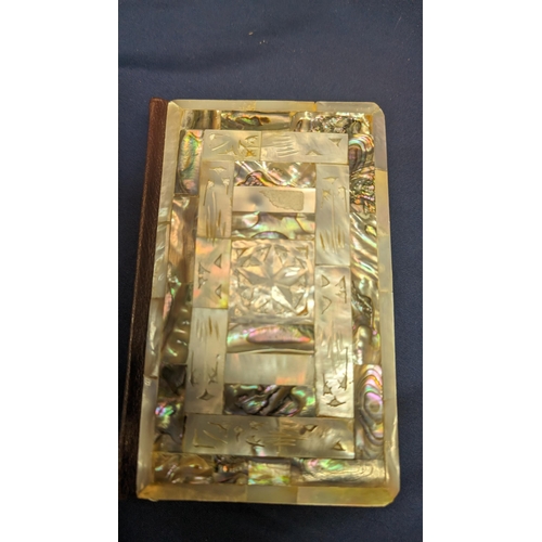 31 - Vintage Mother of Pearl inlaid box containing a Mother of Pearl inlaid Holy Bible (Cover and back) -... 