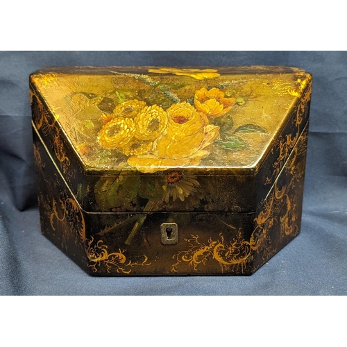 32 - Victorian Papier mache painted stationary box C.1870. The box is lacquered with gold tint finish wit... 