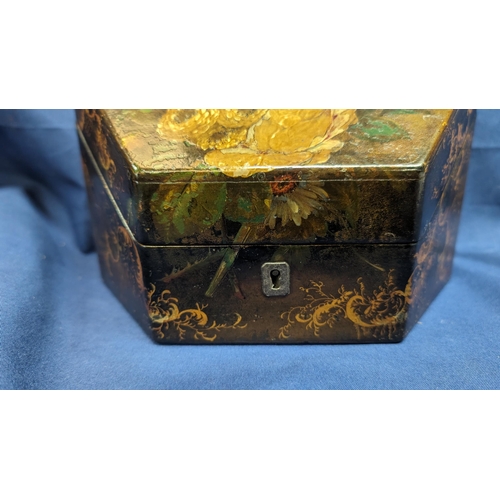 32 - Victorian Papier mache painted stationary box C.1870. The box is lacquered with gold tint finish wit... 