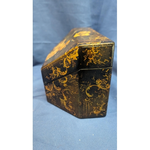 32 - Victorian Papier mache painted stationary box C.1870. The box is lacquered with gold tint finish wit... 