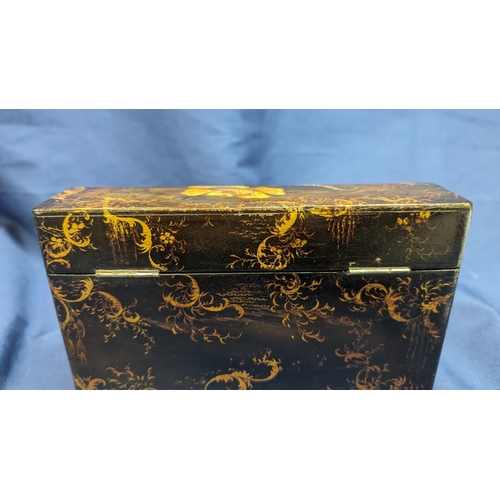 32 - Victorian Papier mache painted stationary box C.1870. The box is lacquered with gold tint finish wit... 