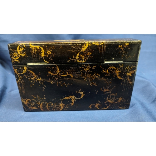 32 - Victorian Papier mache painted stationary box C.1870. The box is lacquered with gold tint finish wit... 