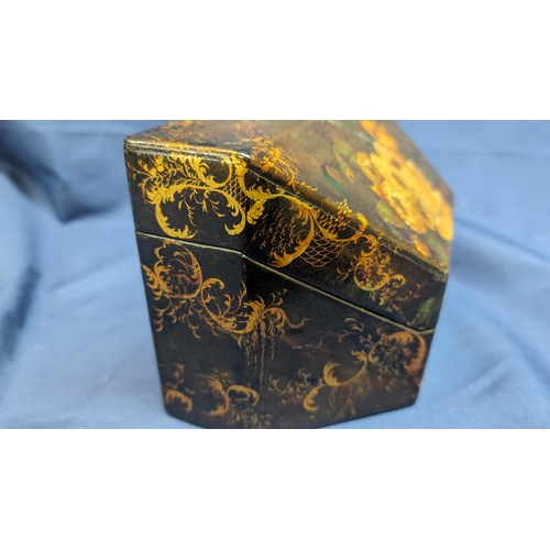 32 - Victorian Papier mache painted stationary box C.1870. The box is lacquered with gold tint finish wit... 