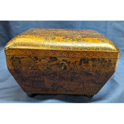 34 - An antique Chinese export lacquered stationary box with internal removeable shelf - Depicts village ... 