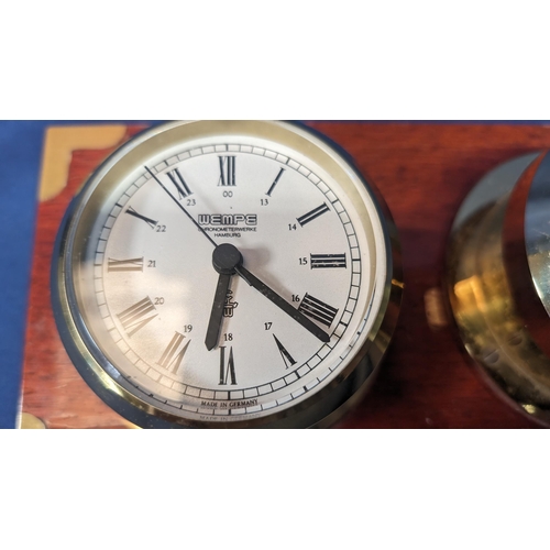 382 - Vintage Wempe Chronometerwerke Hamburg Barometer and clock mounted on a mahogany veneered plaque 
Pl... 