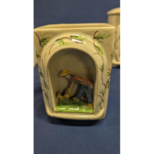 386 - Vintage Graduating in Size Porcelain Caddies with Inset Figurines depicting Farming Scenes. Graduati... 