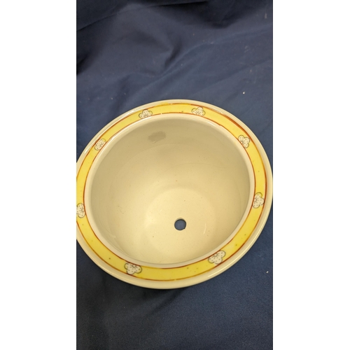 662 - An antique hand painted designer, yellow and white plant pot - 16cm diameter, 13cm high.   From the ... 