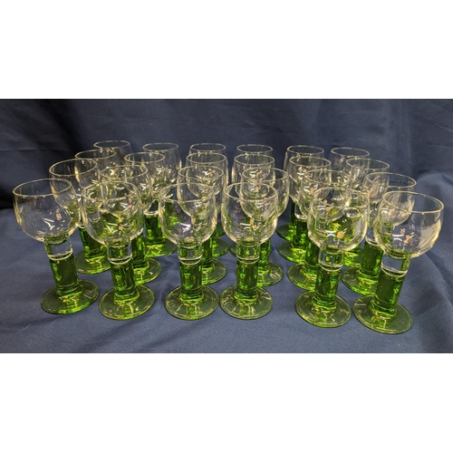 664 - Bormiol: Roco Limoncino cordial Liqueur 2oz clear vessel and green footed stem shot glasses - made i... 