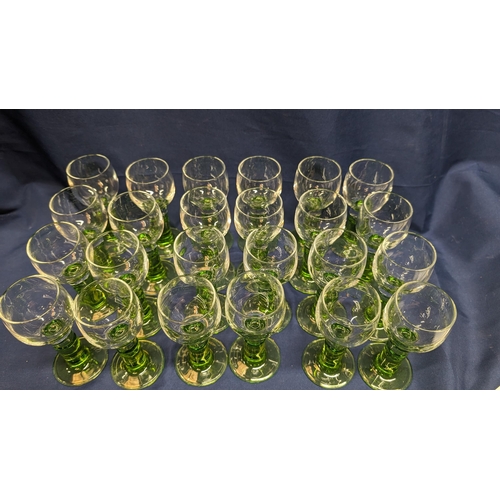 664 - Bormiol: Roco Limoncino cordial Liqueur 2oz clear vessel and green footed stem shot glasses - made i... 