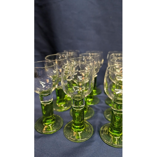 664 - Bormiol: Roco Limoncino cordial Liqueur 2oz clear vessel and green footed stem shot glasses - made i... 