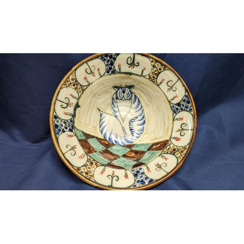 688 - Large Vintage Hand Made Pottery Dish - Blue and White Fat Cat Design. 29cm Diameter, 12cm Tall. No O... 