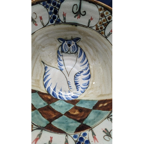 688 - Large Vintage Hand Made Pottery Dish - Blue and White Fat Cat Design. 29cm Diameter, 12cm Tall. No O... 