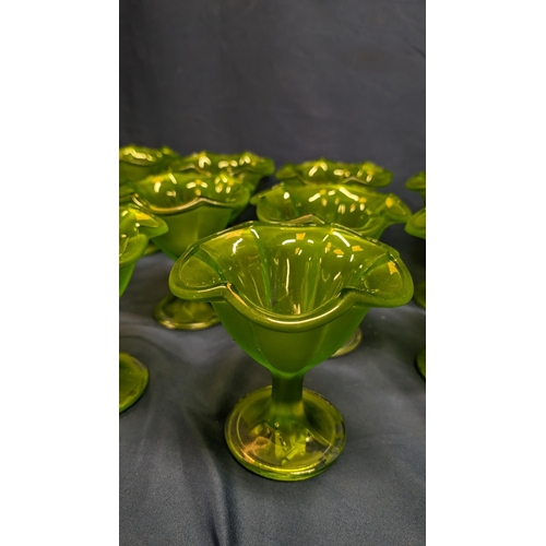 691 - Vintage Frosted Green Tulip Design Dessert Dishes x 11 . 12cm Tall, 12cm Diameter at Rim. Some Losse... 